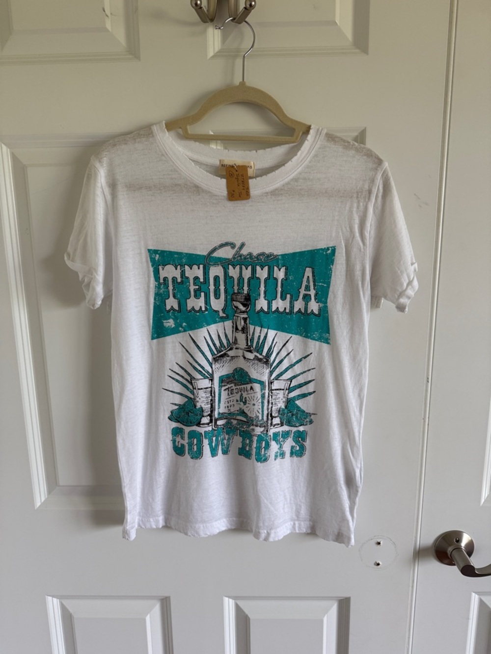 NWOT Refined Canvas "Tequila not Cowboys" Graphic Tee - White Teal Print Medium